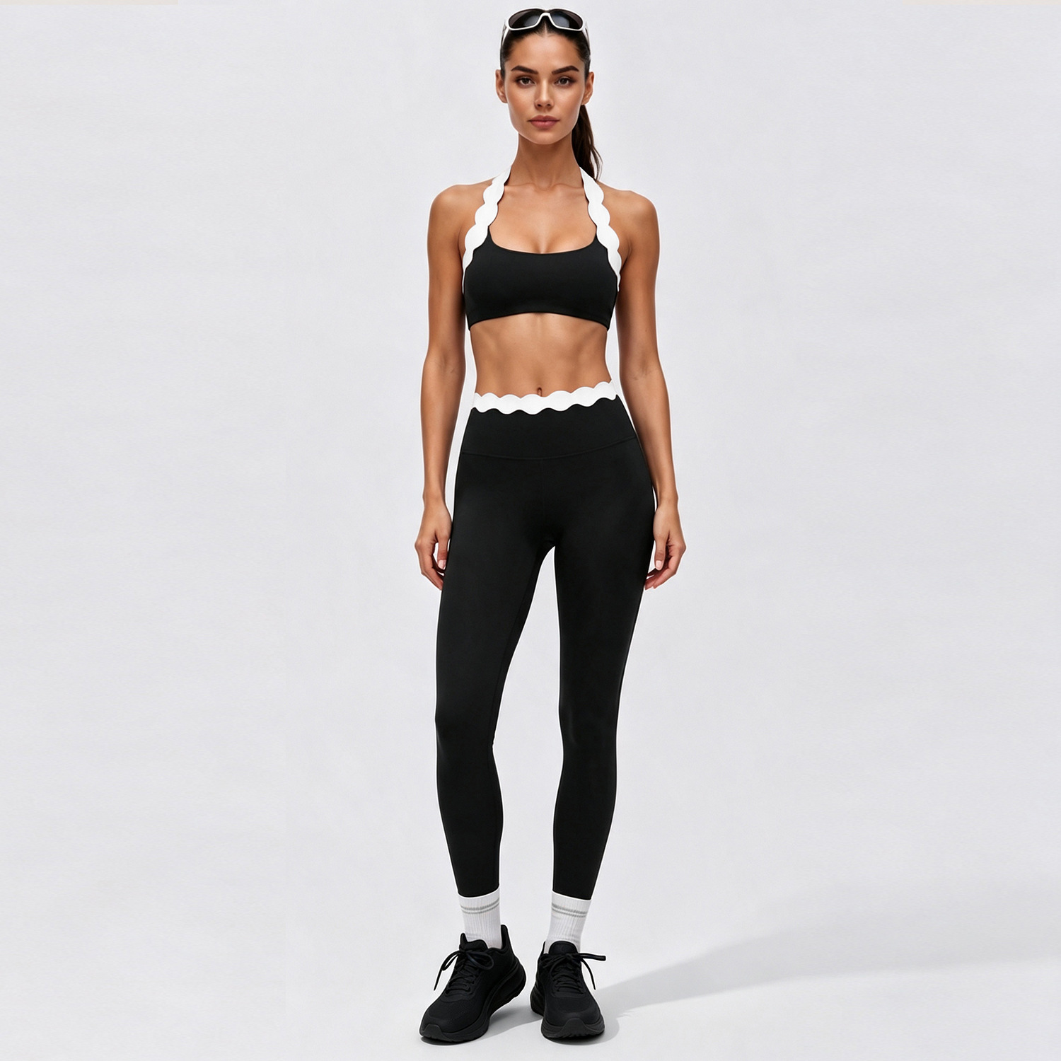 女性用2ピースヨガウェア ツートンカラー スカラップシェルレ - Yoga Fitness Leggings のレビューと価格